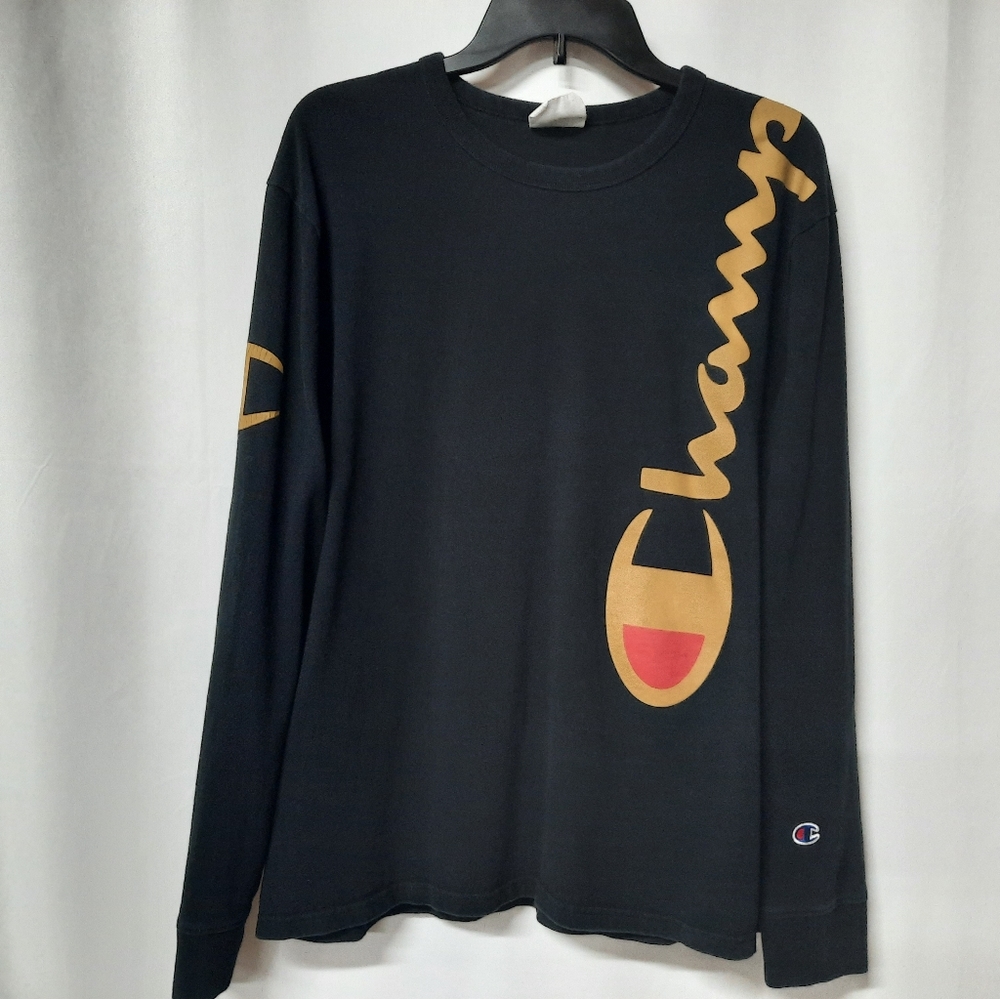 Champion AOP Vertical Print Spellout Men's Sz L Black Long Sleeve Shirt